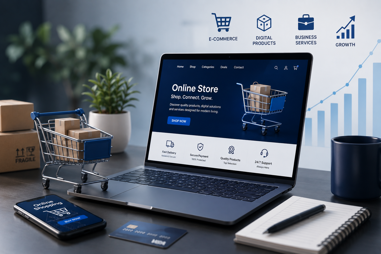 About Us e commerce workspace with modern tech setup